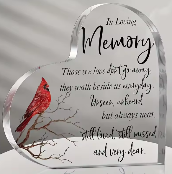 Acrylic Heart Keepsake Urn – “In Loving Memory” Cardinal Design
