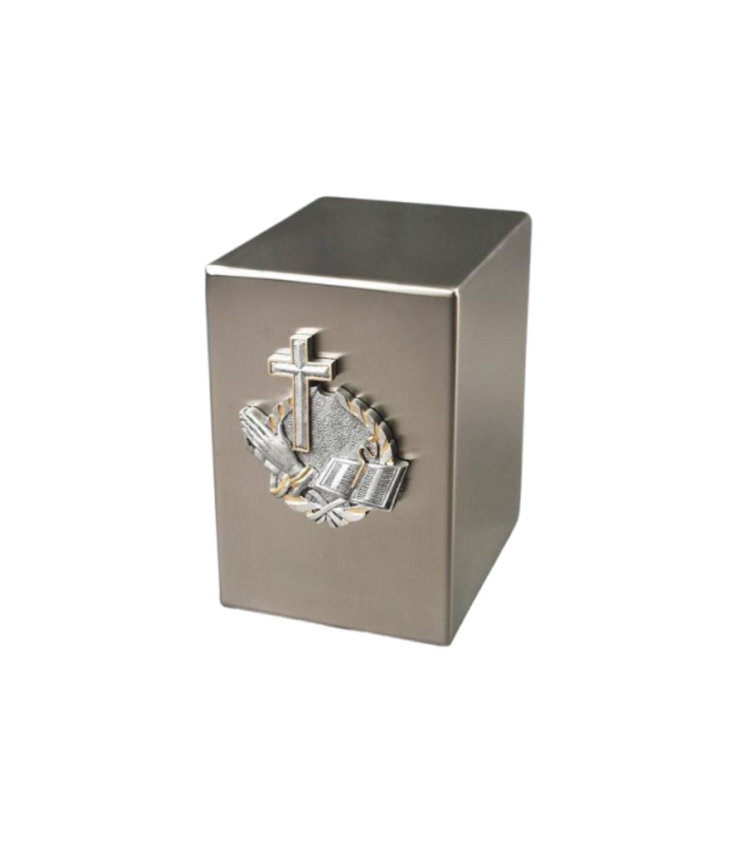Brass Cremation Urn – Cross and Praying Hands Design