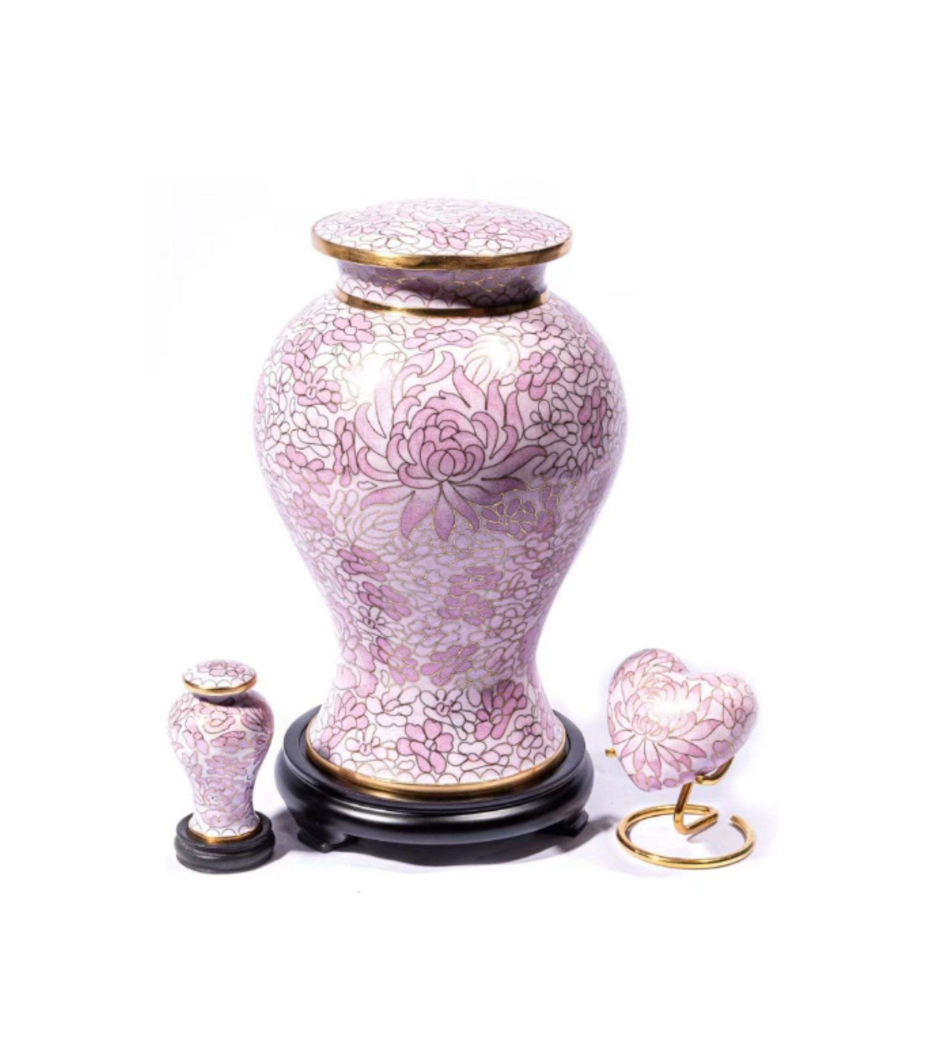 Pink Cloisonné Cremation Urn with Floral Pattern – Full-Size, Keepsake, and Heart