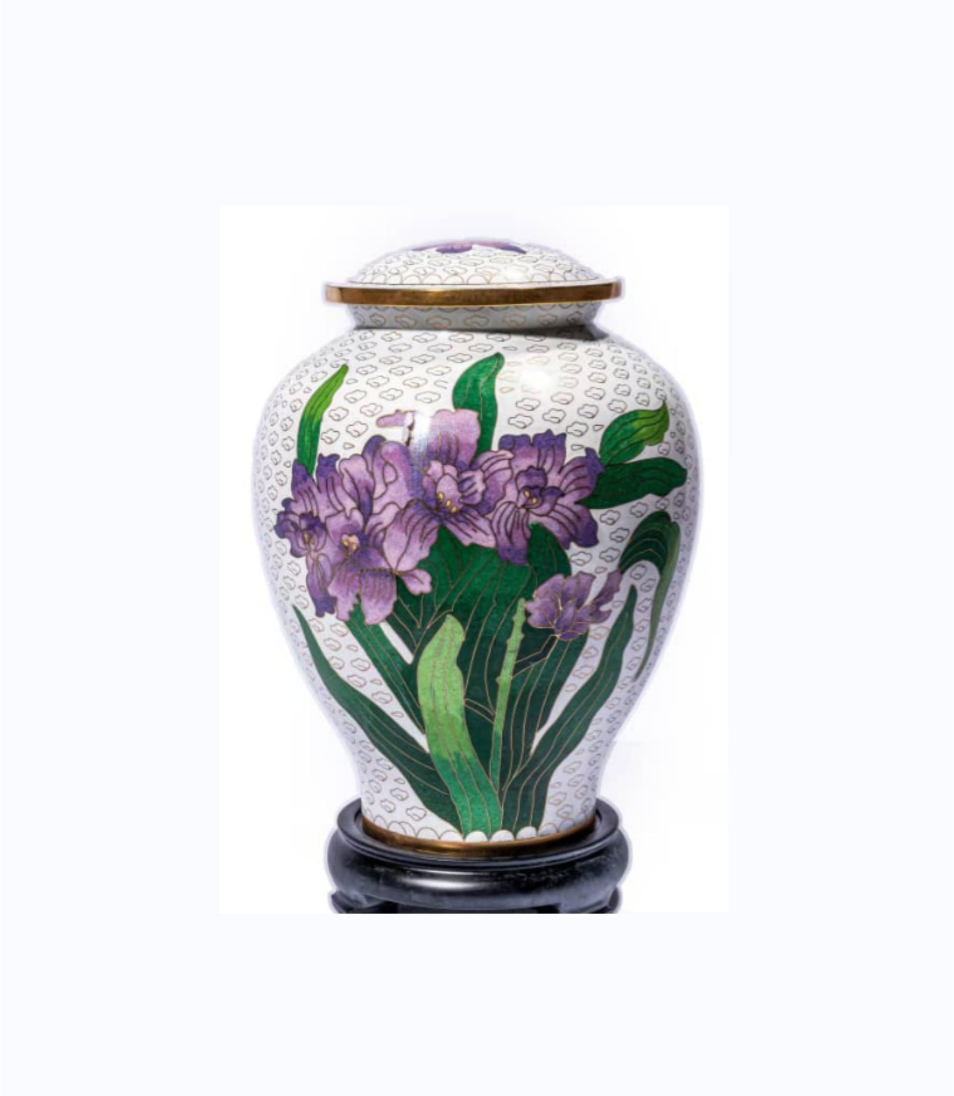 White Cloisonné Cremation Urn with Purple Iris Flowers – Full-Size