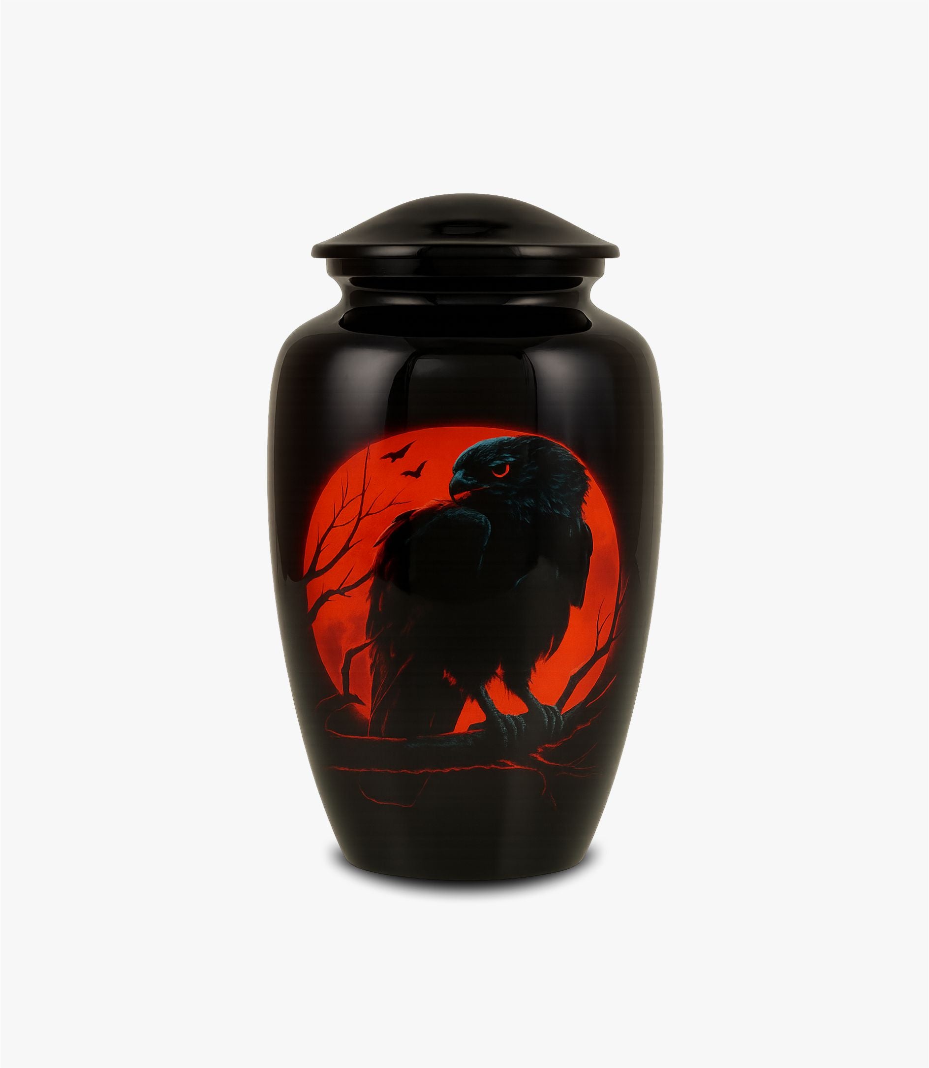 Aluminium Cremation Urn – Black Raven with Red Moon