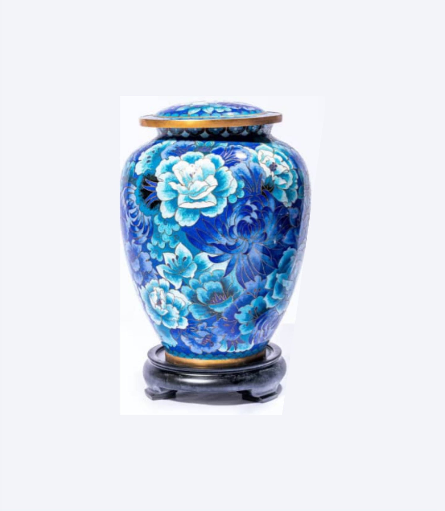 Blue Cloisonné Cremation Urn with White and Turquoise Flowers – Full-Size and Keepsake