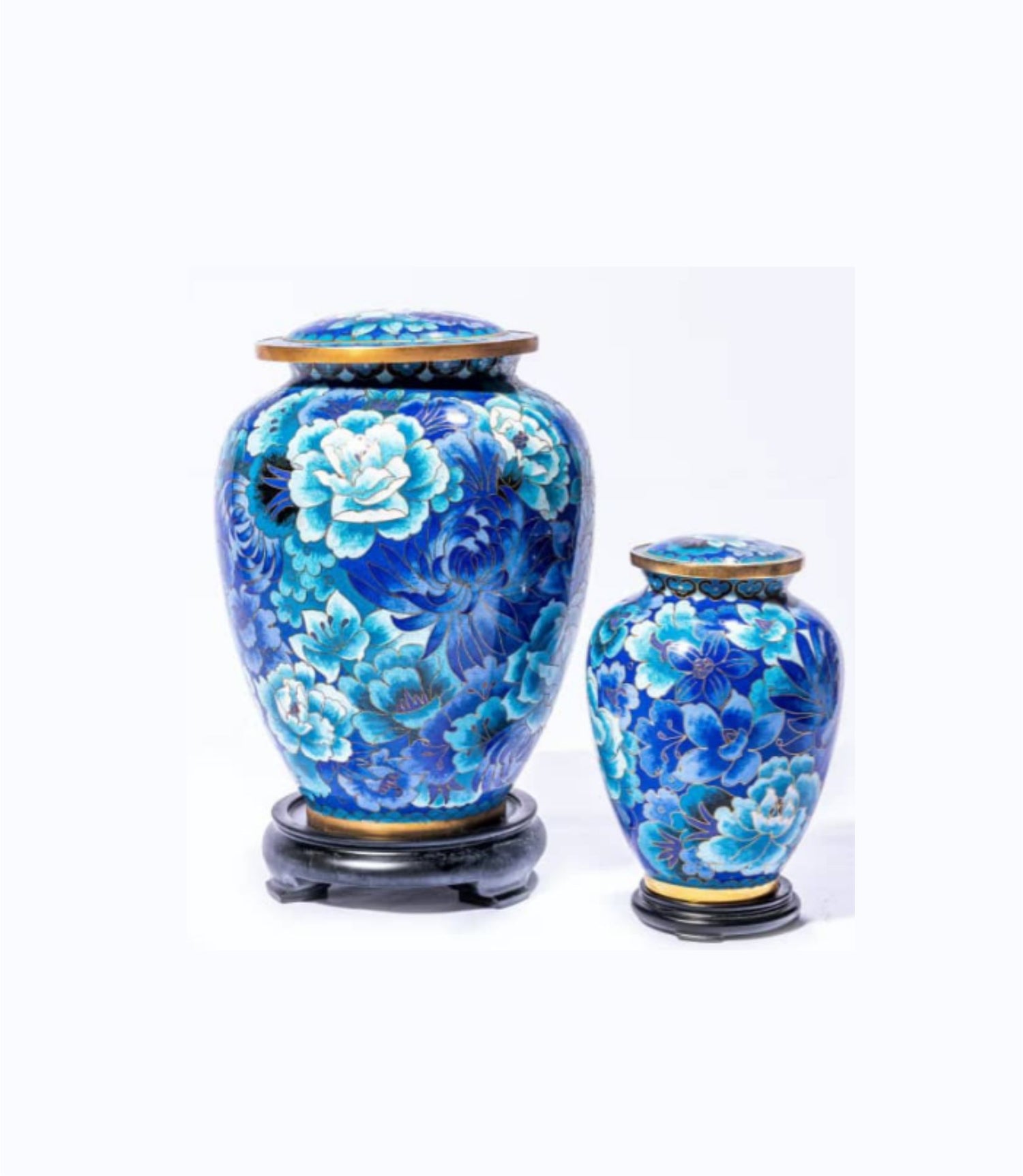 Blue Cloisonné Cremation Urn with White and Turquoise Flowers – Full-Size and Keepsake
