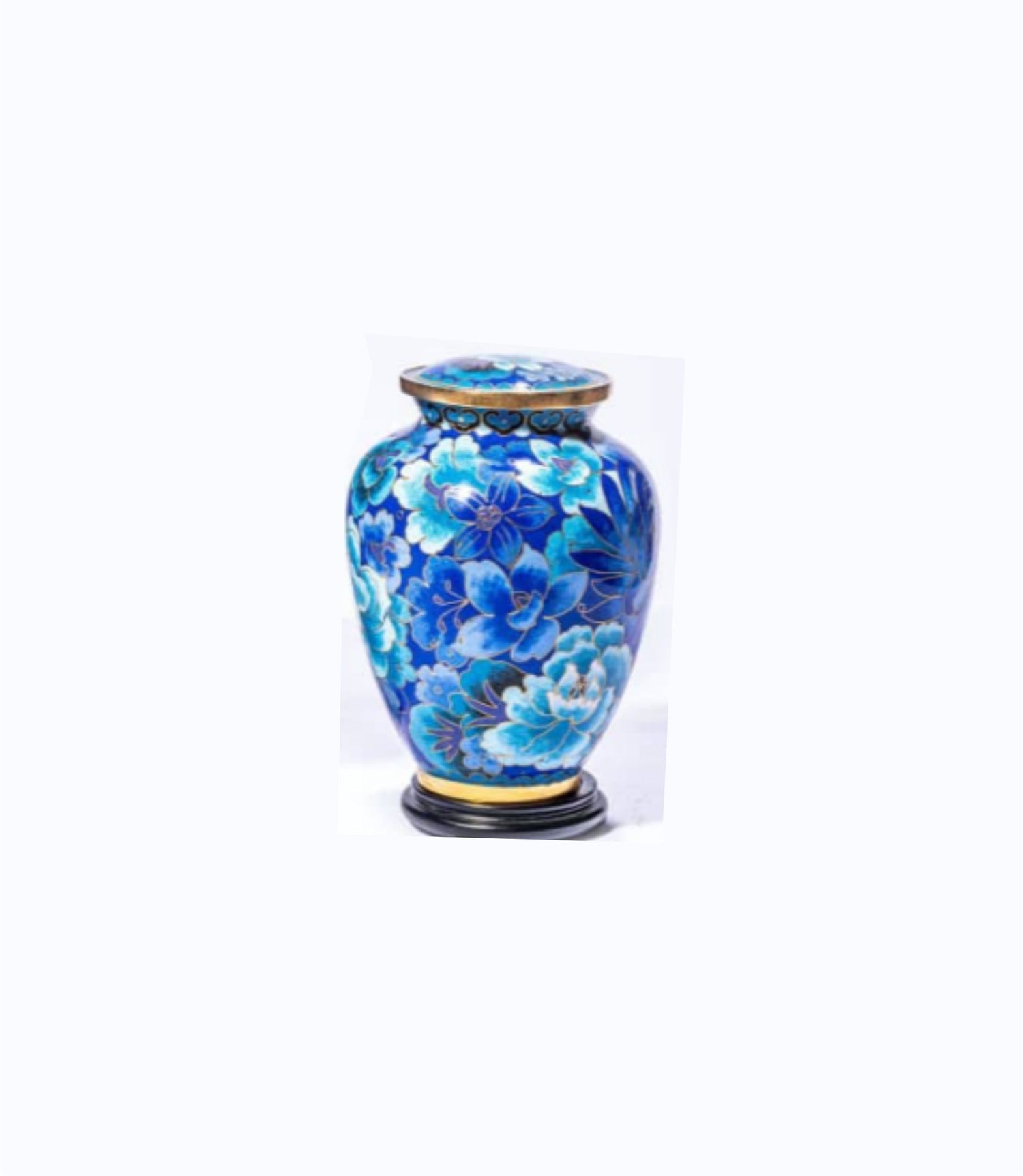 Blue Cloisonné Cremation Urn with White and Turquoise Flowers – Full-Size and Keepsake