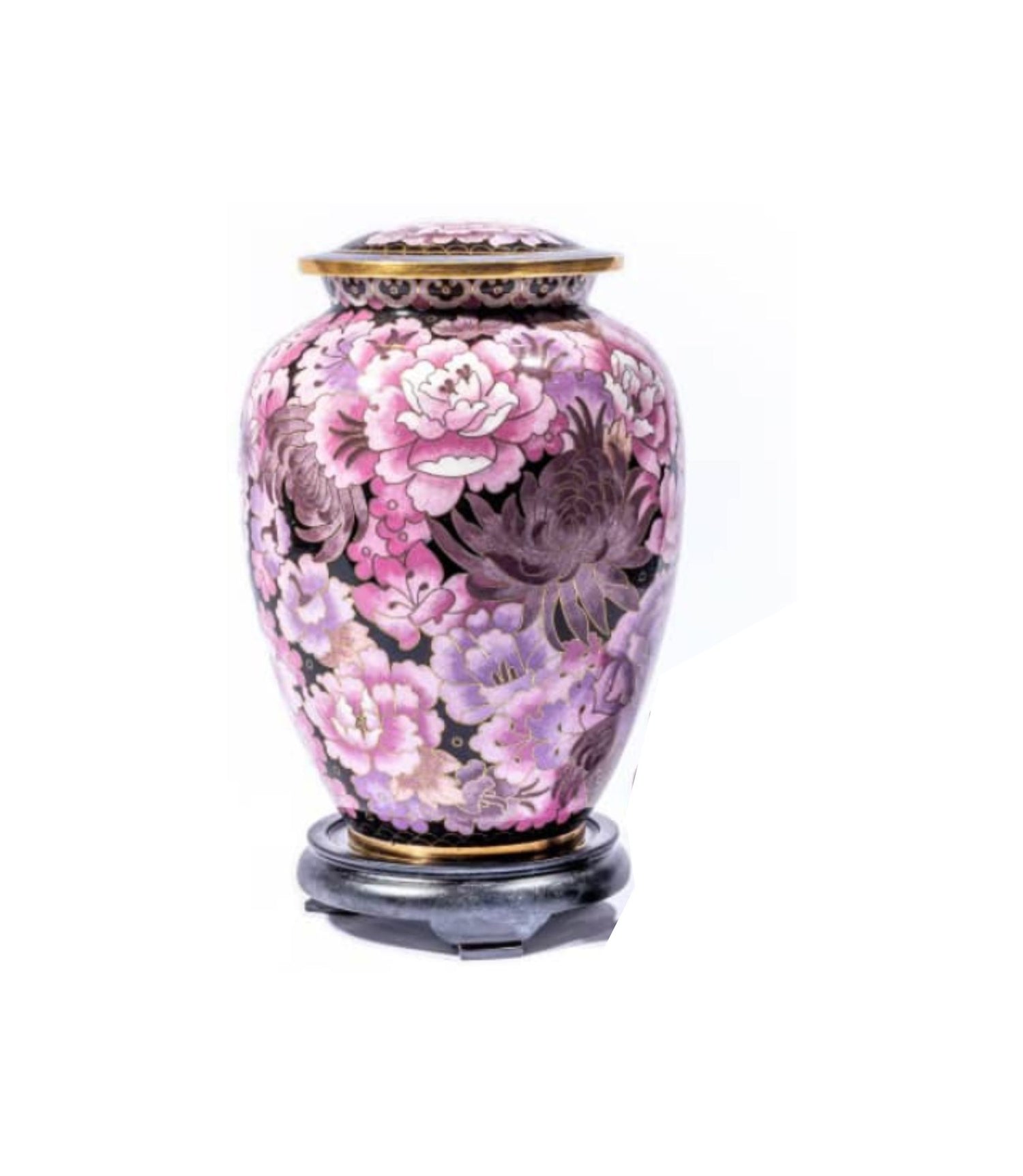 Black and Pink Cloisonné Cremation Urn with Peony Flowers – Full-Size and Keepsake
