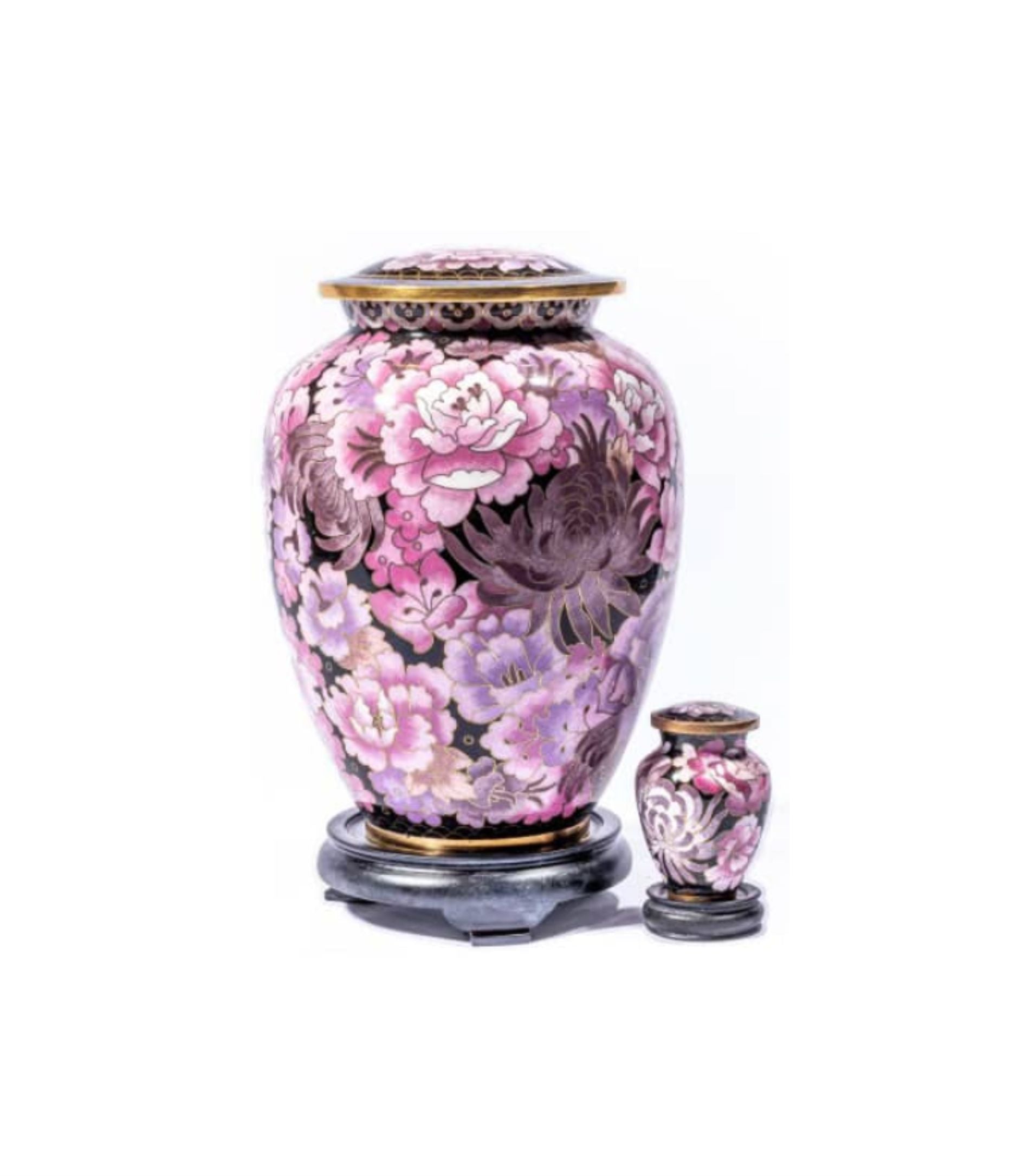 Black and Pink Cloisonné Cremation Urn with Peony Flowers – Full-Size and Keepsake