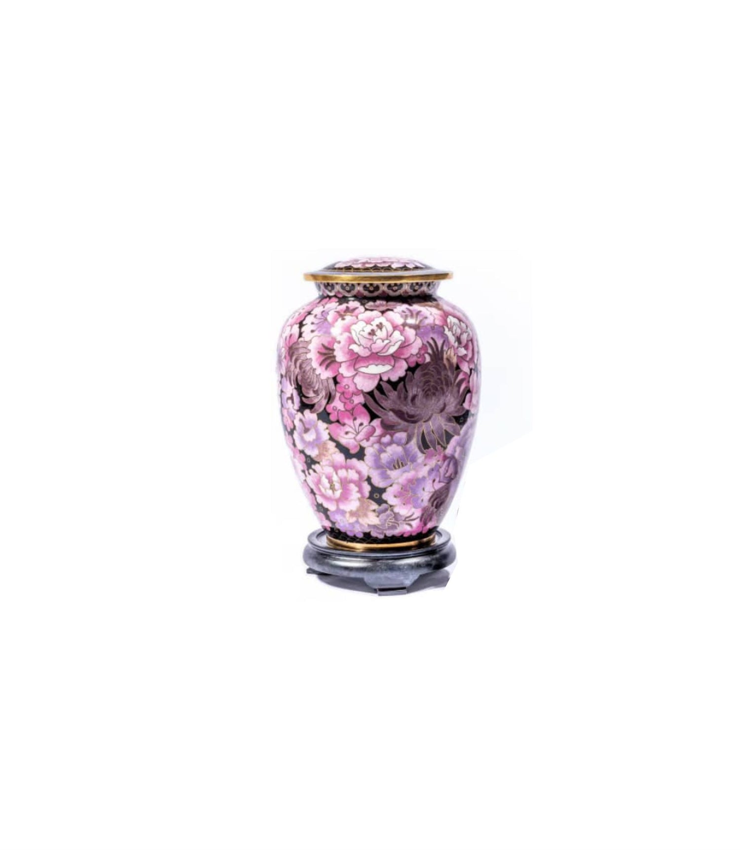 Black and Pink Cloisonné Cremation Urn with Peony Flowers – Full-Size and Keepsake