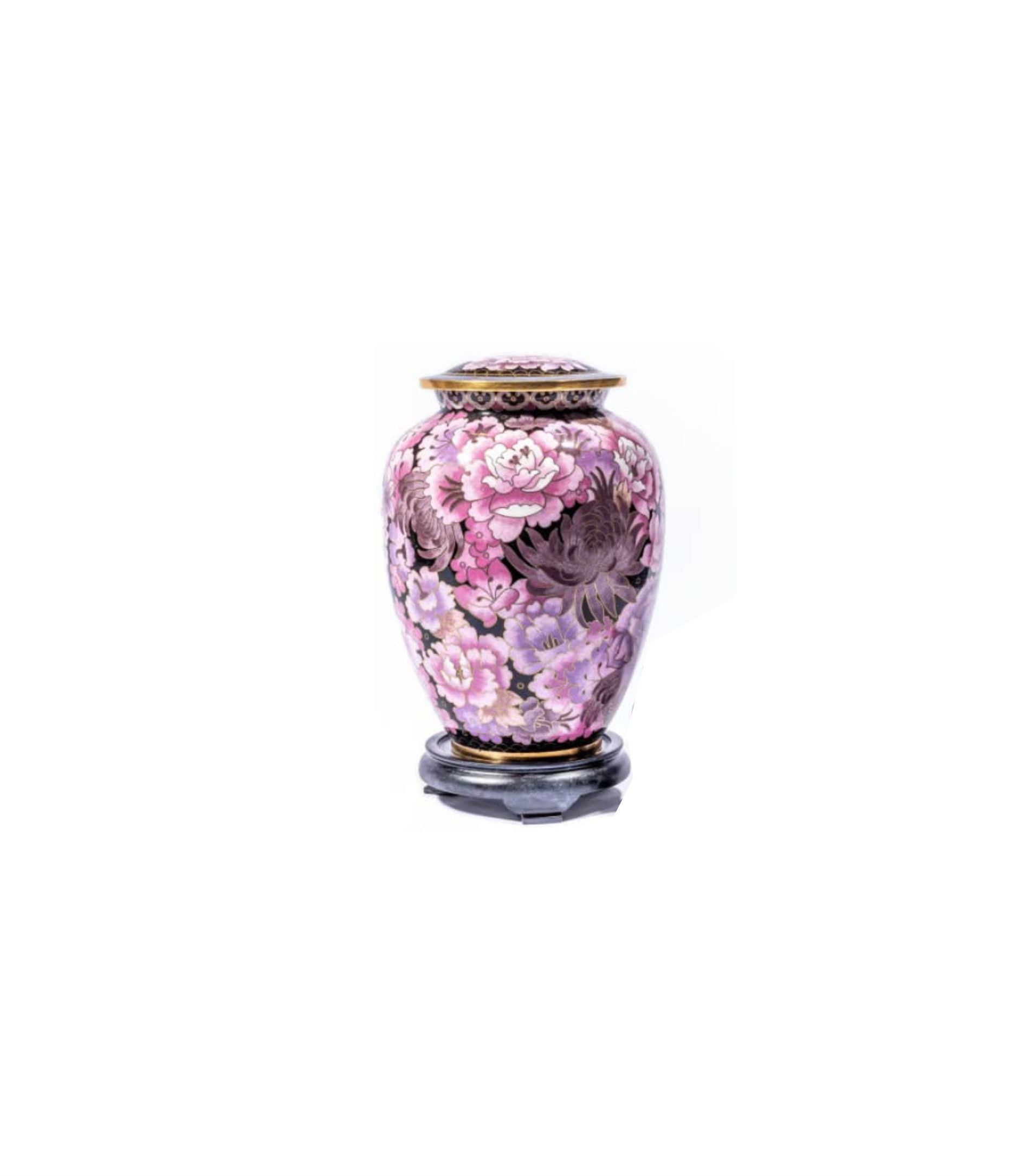 Black and Pink Cloisonné Cremation Urn with Peony Flowers – Full-Size and Keepsake