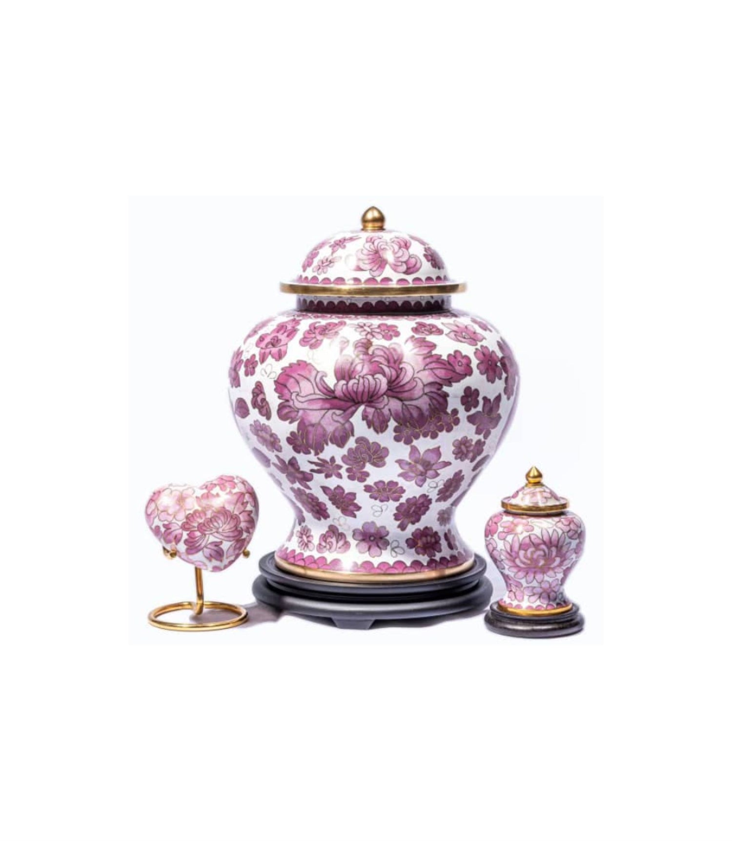 White and Rose Cloisonné Cremation Urn with Peony Flowers – Full-Size, Keepsake, and Heart