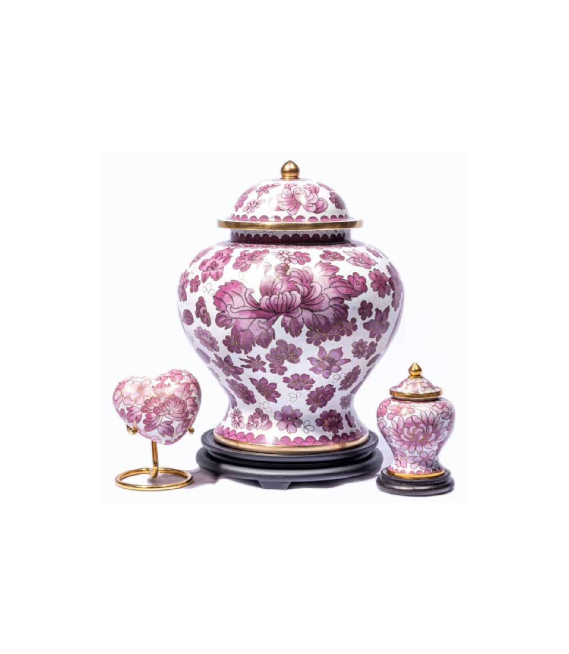 White and Rose Cloisonné Cremation Urn with Peony Flowers – Full-Size, Keepsake, and Heart