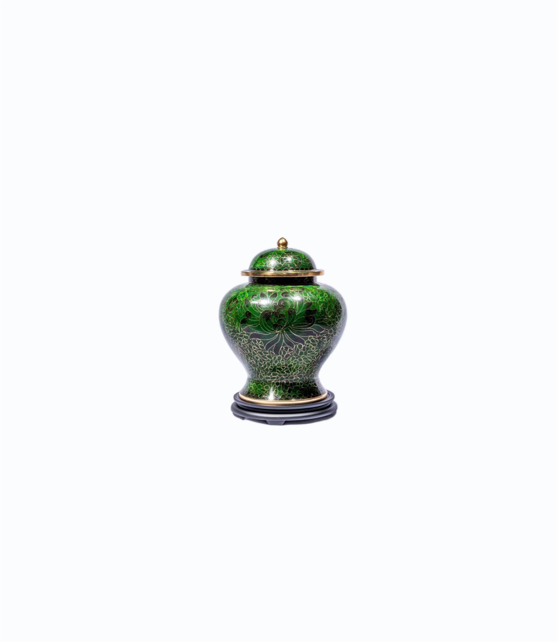 Green Cloisonné Cremation Urn with Golden Floral Design – Full-Size, Keepsake, and Heart