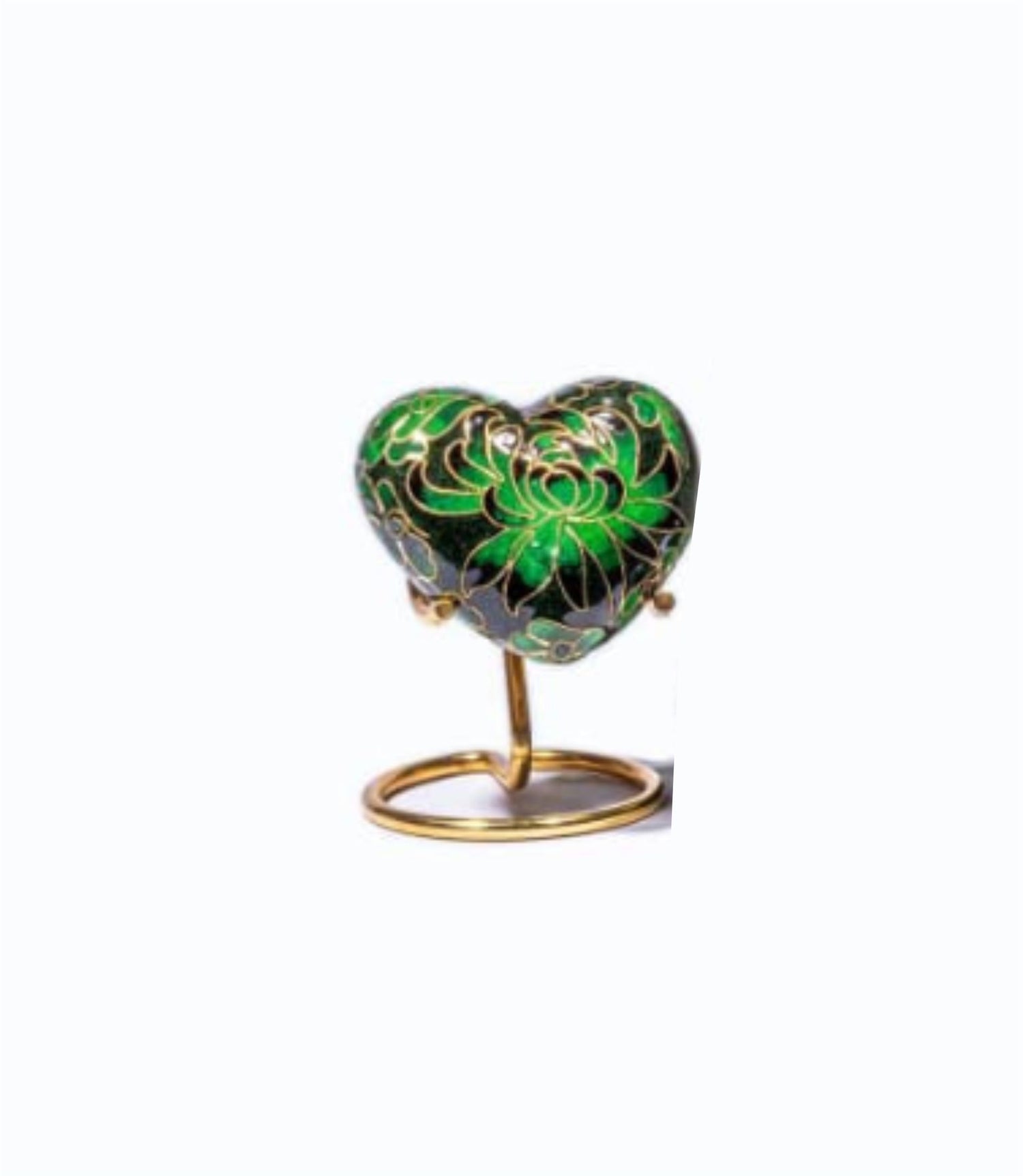 Green Cloisonné Cremation Urn with Golden Floral Design – Full-Size, Keepsake, and Heart