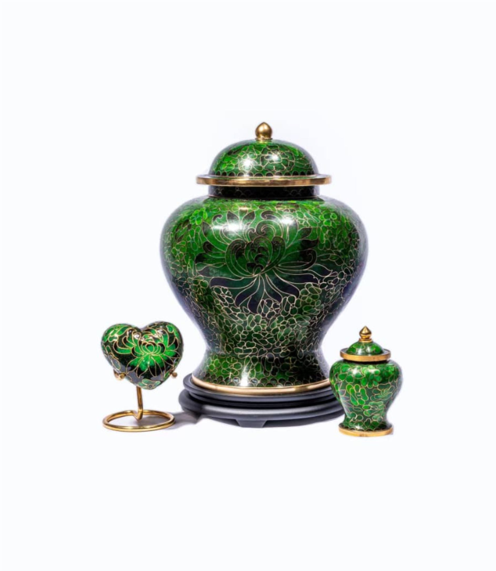 Green Cloisonné Cremation Urn with Golden Floral Design – Full-Size, Keepsake, and Heart