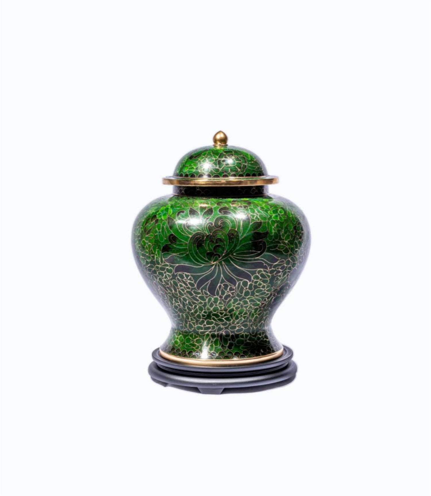 Green Cloisonné Cremation Urn with Golden Floral Design – Full-Size, Keepsake, and Heart
