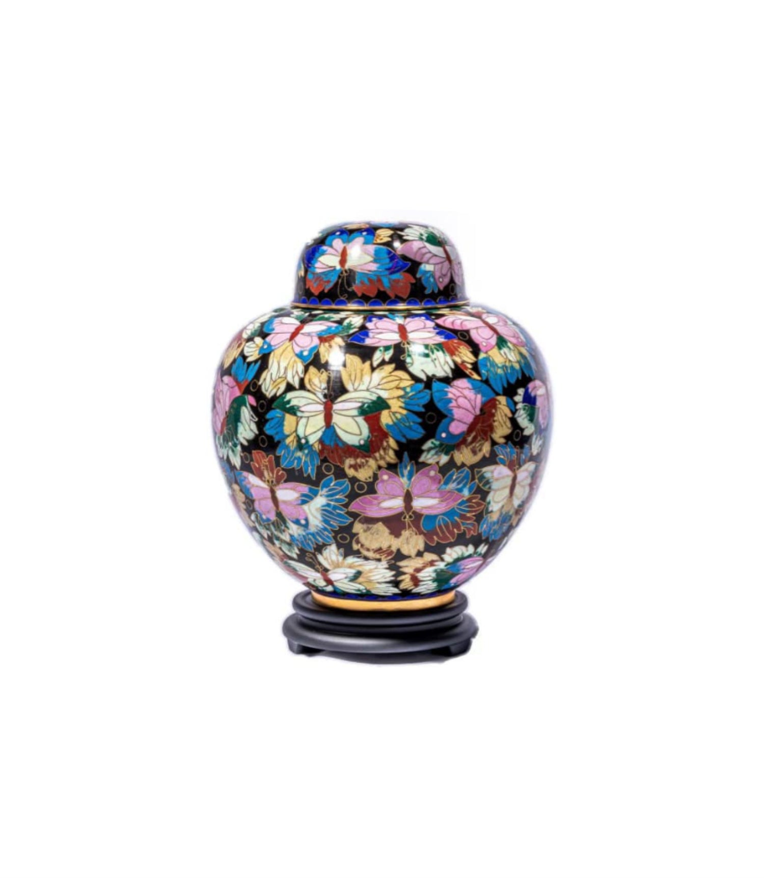 Black Cloisonné Cremation Urn with Multicolor Butterfly Design – Full-Size