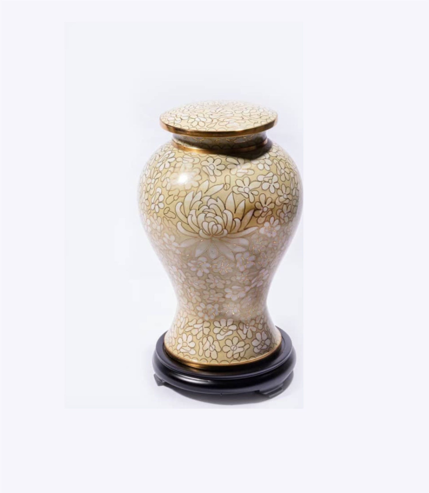 Cream and Gold Cloisonné Cremation Urn with Floral Design – Full-Size, Keepsake, and Heart