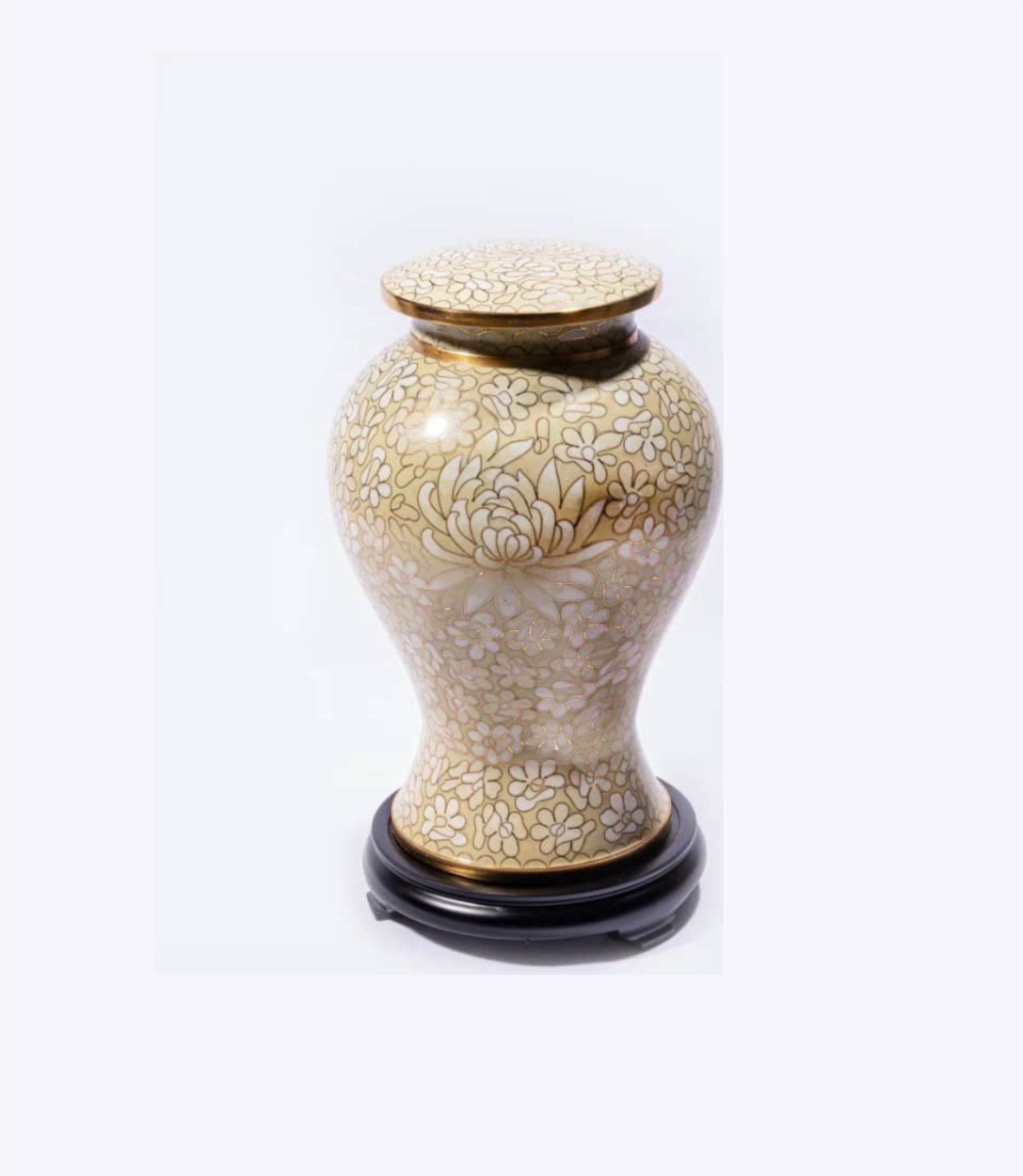 Cream and Gold Cloisonné Cremation Urn with Floral Design – Full-Size, Keepsake, and Heart