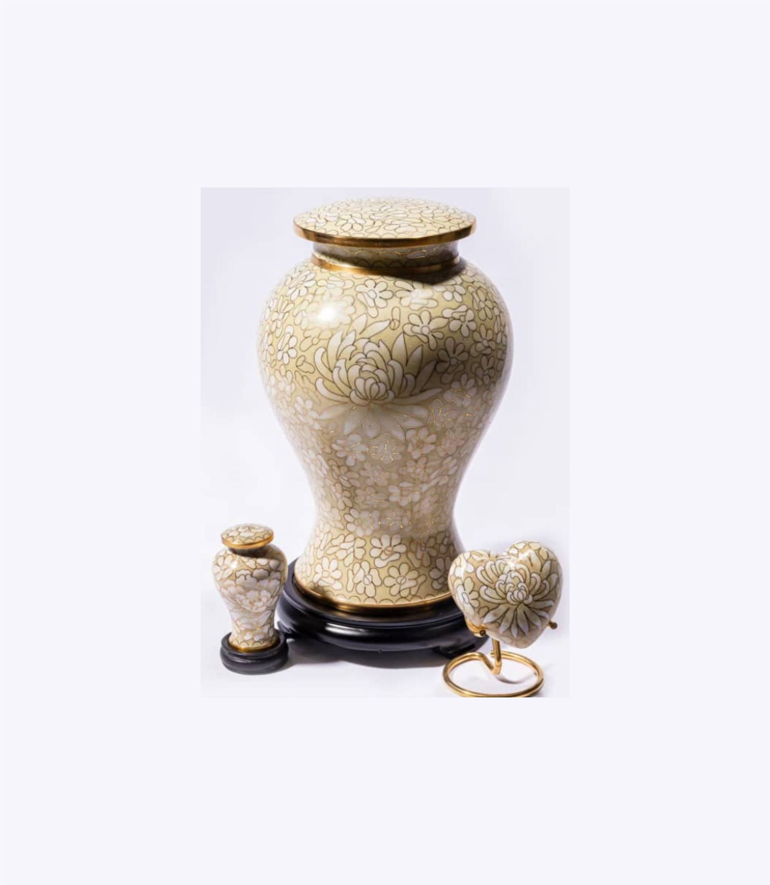 Cream and Gold Cloisonné Cremation Urn with Floral Design – Full-Size, Keepsake, and Heart