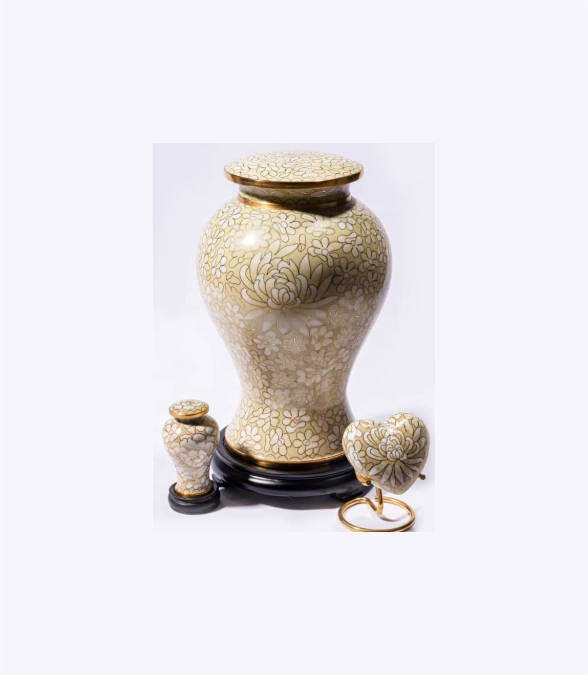Cream and Gold Cloisonné Cremation Urn with Floral Design – Full-Size, Keepsake, and Heart