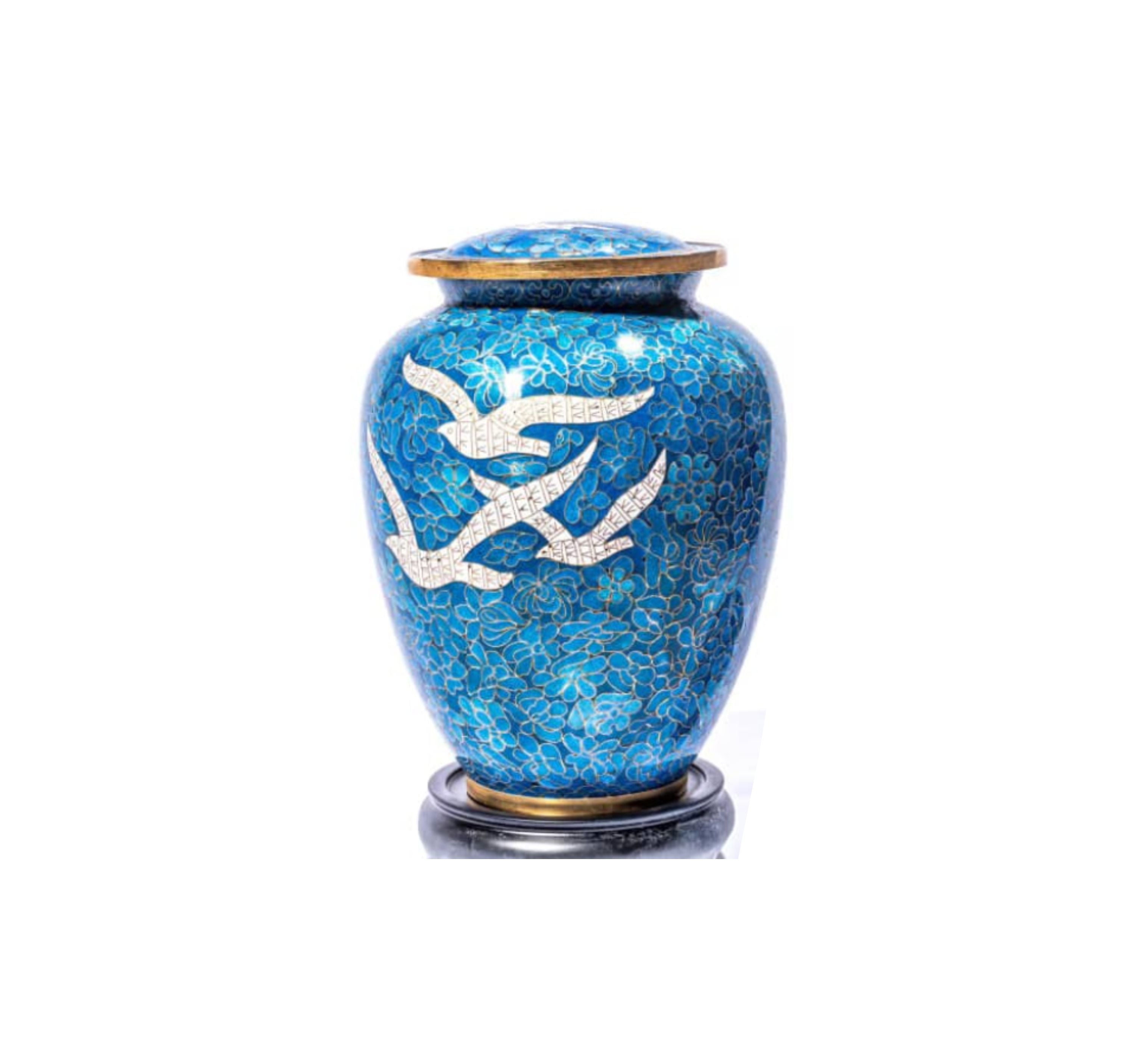 Blue Cloisonné Cremation Urn with White Doves – Full-Size and Keepsake Set