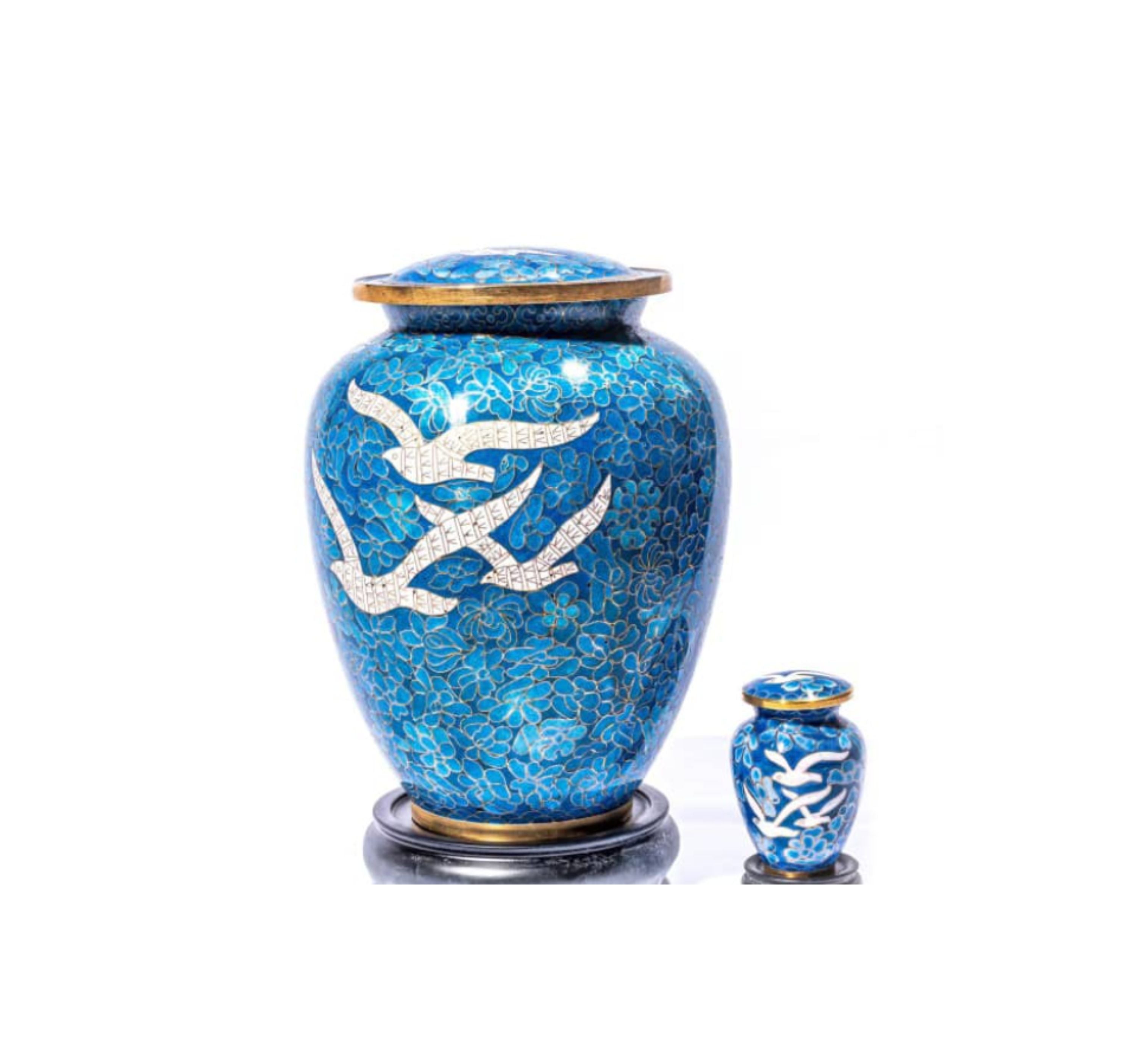 Blue Cloisonné Cremation Urn with White Doves – Full-Size and Keepsake Set